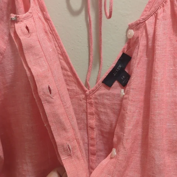 J Crew V-back Linen Top Blouse Pink Puff Short Sleeves Back Tie Button Front- 14 - Picture 10 of 12